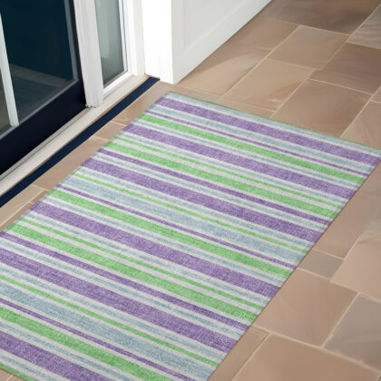 3' X 5' Green Purple and Blue Striped Washable Non Skid Indoor Outdoor Area Rug