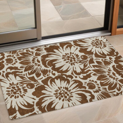 2' X 3' Brown and Ivory Floral Washable Non Skid Indoor Outdoor Area Rug