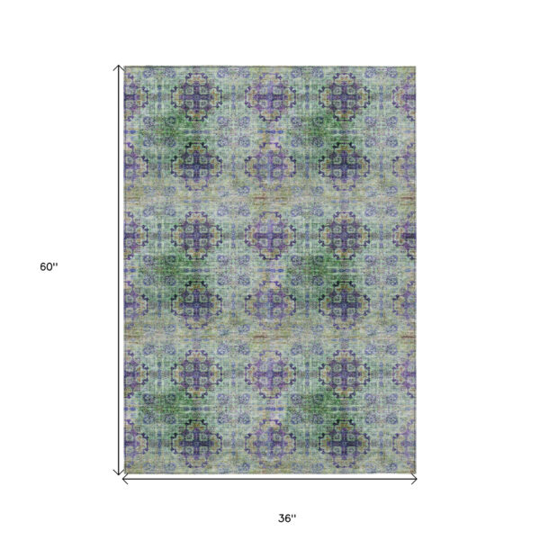 3' X 5' Purple and Green Floral Medallion Washable Non Skid Indoor Outdoor Area Rug
