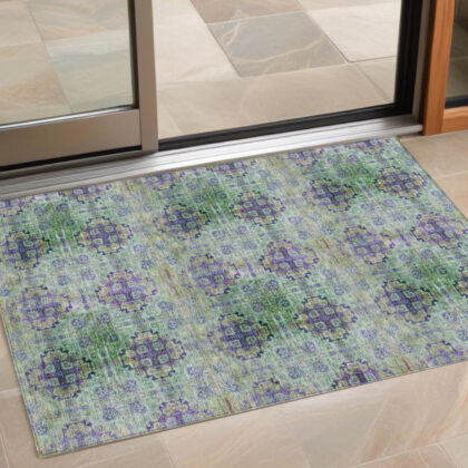 3' X 5' Purple and Green Floral Medallion Washable Non Skid Indoor Outdoor Area Rug