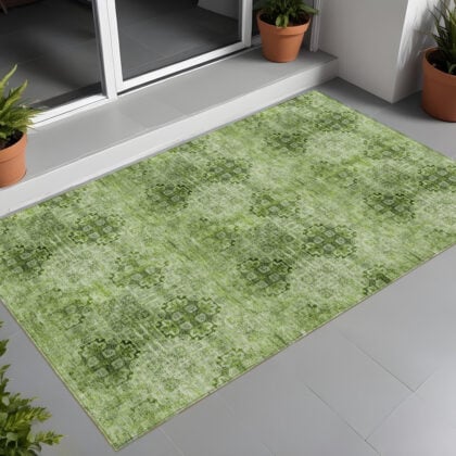 3' X 5' Olive Green Floral Medallion Washable Non Skid Indoor Outdoor Area Rug