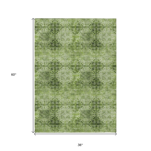 3' X 5' Olive Green Floral Medallion Washable Non Skid Indoor Outdoor Area Rug