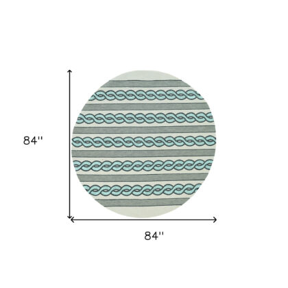 7' Round Ivory and Blue Round Abstract Indoor Outdoor Area Rug