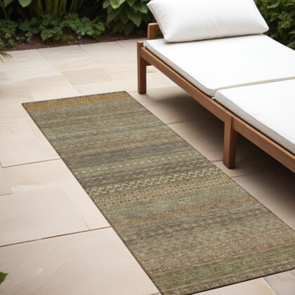 2' X 8' Khaki Striped Washable Indoor Outdoor Runner Rug