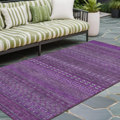 2' X 8' Eggplant Striped Washable Indoor Outdoor Runner Rug