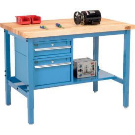 Global Industrial™ 48 x 30 Production Workbench - Birch Square Edge - Drawers & Shelf - Blue