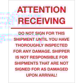 Tape Logic® Labels w/ ""Attention Receiving-Do Not..."" Print 10""L x 8""W Red/White Roll of 250