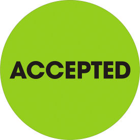 Tape Logic® 2"" Dia. Round Paper Labels with ""Accepted"" Print Fluorescent Green Roll of 500