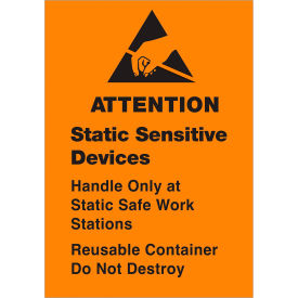 Tape Logic® Labels w/ ""Static Sensitive..."" Print 2-1/2""L x 1-3/4""W Black/Orange Roll of 500