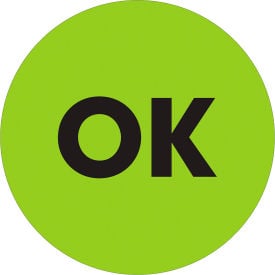 Tape Logic® 2"" Dia. Round Paper Labels with ""OK"" Print Fluorescent Green Roll of 500