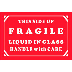 Tape Logic® Labels with ""Fragile-Liquid In Glass..."" Print 3""L x 2""W Red/White Roll of 500