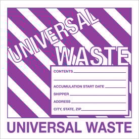 Tape Logic® Non-Hazardous Labels ''Universal Waste''6""L x 6""W Purple/White Roll of 500