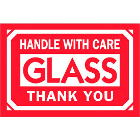 Tape Logic® Labels with ""Glass-Handle With Care..."" Print 3""L x 2""W Red/White Roll of 500