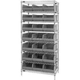 Quantum WR8-425 Chrome Wire Shelving with 21 SSB425 Stackable Shelf Bins Gray 36x12x74