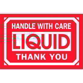 Tape Logic® Labels with ""Handle With Care-Liquid..."" Print 3""L x 2""W Red/White Roll of 500