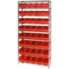Quantum WR9-202 Chrome Wire Shelving with 40 6""H Plastic Shelf Bins Red 36x12x74