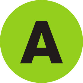 Tape Logic® 2"" Dia. Round Letter Paper Labels with ""A"" Print Fluorescent Green Roll of 500