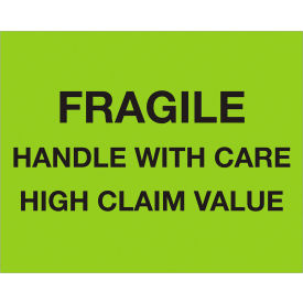 Tape Logic® Labels with ""Fragile Handle..."" Print 10""L x 8""W Fluorescent Green Roll of 250
