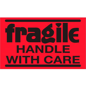 Tape Logic® Labels w/ ""Fragile-Handle With Care"" Print 5""L x 3""W Fluorescent Red Roll of 500