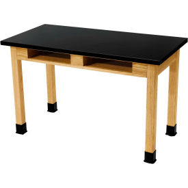 NPS Science Lab Table w/ Compartment - Phenolic Top - 48""L x 24""W x 30""H - Black w/ Oak Leg