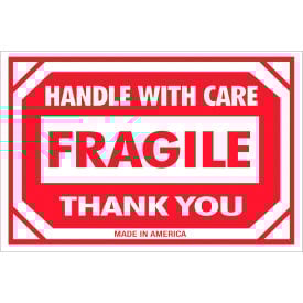 Tape Logic® Labels w/ ""Fragile-Handle With Care"" Print 3""L x 2""W Red/White Text Roll of 500
