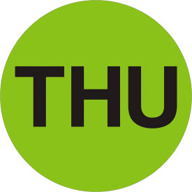 Tape Logic® 1"" Dia. Round Paper Labels with ""Thu"" Print Fluorescent Green Roll of 500