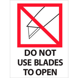 Tape Logic® Labels w/ ""Do Not Use Blades to..."" Print 4""L x 3""W Red/White/Black Roll of 500