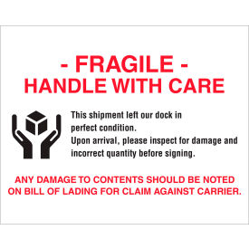 Tape Logic® Labels w/ ""Fragile-Handle With..."" Print 10""L x 8""W Red/White/Black Roll of 250