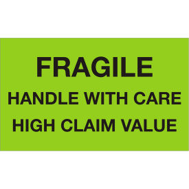 Tape Logic® Labels w/ ""Fragile Handle With..."" Print 5""L x 3""W Fluorescent Green Roll of 500