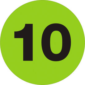 Tape Logic® 1"" Dia. Round Number Paper Labels with ""10"" Print Fluorescent Green Roll of 500