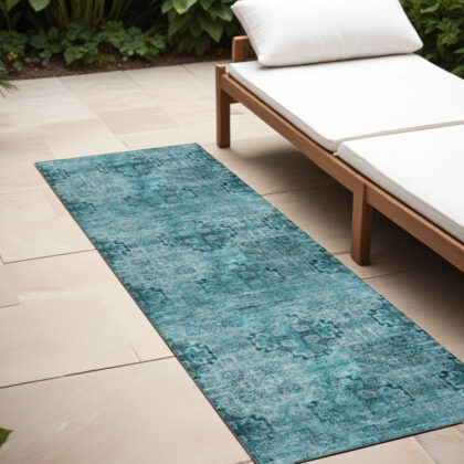 2' X 8' Teal Floral Medallion Washable Non Skid Indoor Outdoor Runner Rug