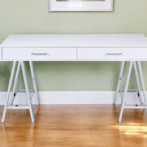 54" White and Silver Writing Desk With Two Drawers