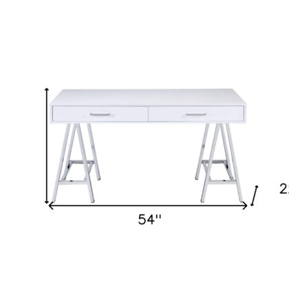 54" White and Silver Writing Desk With Two Drawers