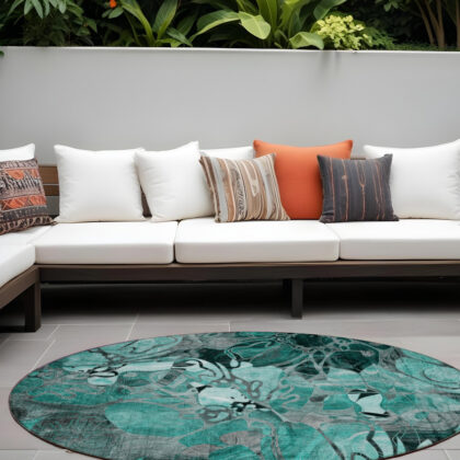 8' X 8' Teal Black and Gray Round Abstract Washable Indoor Outdoor Area Rug
