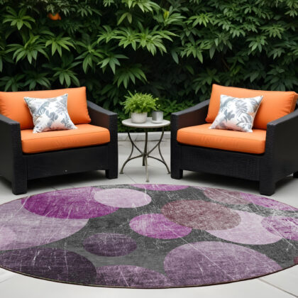 8' X 8' Gray and Purple Round Abstract Washable Non Skid Indoor Outdoor Area Rug