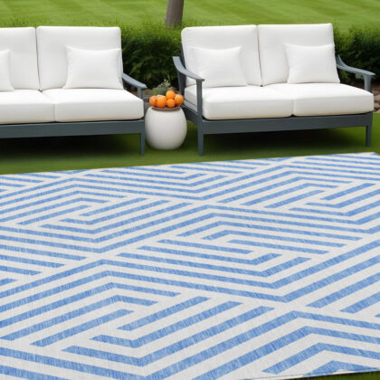 9' X 12' Blue and Ivory Geometric Washable Non Skid Indoor Outdoor Area Rug