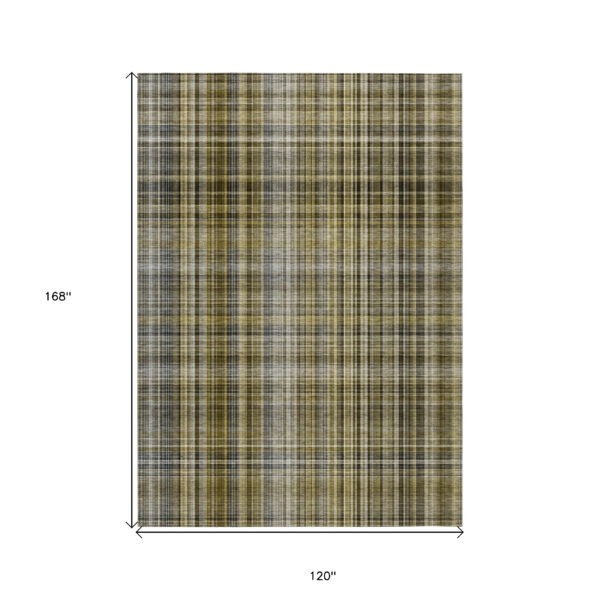 10' X 14' Green Beige and Gray Plaid Washable Non Skid Indoor Outdoor Area Rug