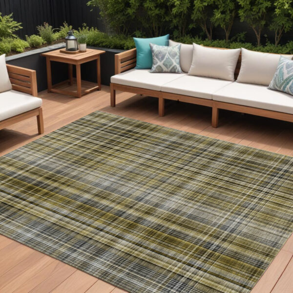 10' X 14' Green Beige and Gray Plaid Washable Non Skid Indoor Outdoor Area Rug