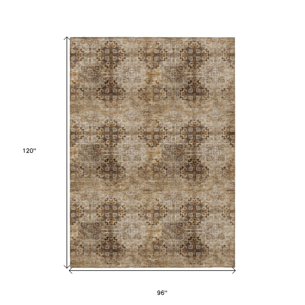 8' X 10' Taupe Floral Medallion Washable Non Skid Indoor Outdoor Area Rug