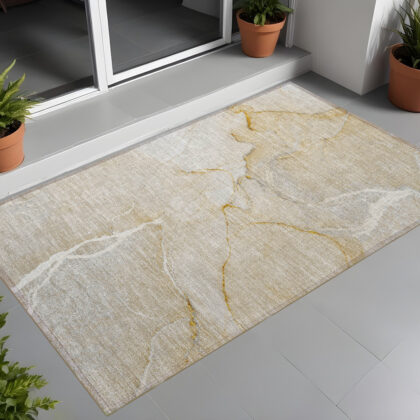 3' X 5' Beige Abstract Washable Indoor Outdoor Area Rug