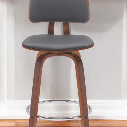 26" Gray And Wood Brown Faux Leather Swivel Low Back Counter Height Bar Chair