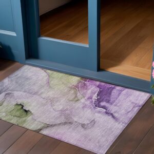 2' X 3' Purple and Green Abstract Washable Indoor Outdoor Area Rug