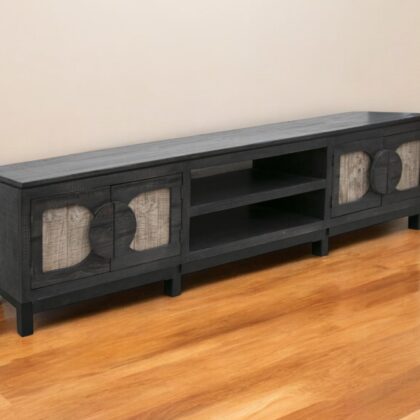 93" Black Solid Wood Cabinet Enclosed Storage Distressed TV Stand