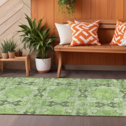 8' Runner Green Floral Medallion Washable Non Skid Indoor Outdoor Runner Rug