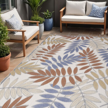 5' X 7' Mocha and Blue Indoor Outdoor Area Rug