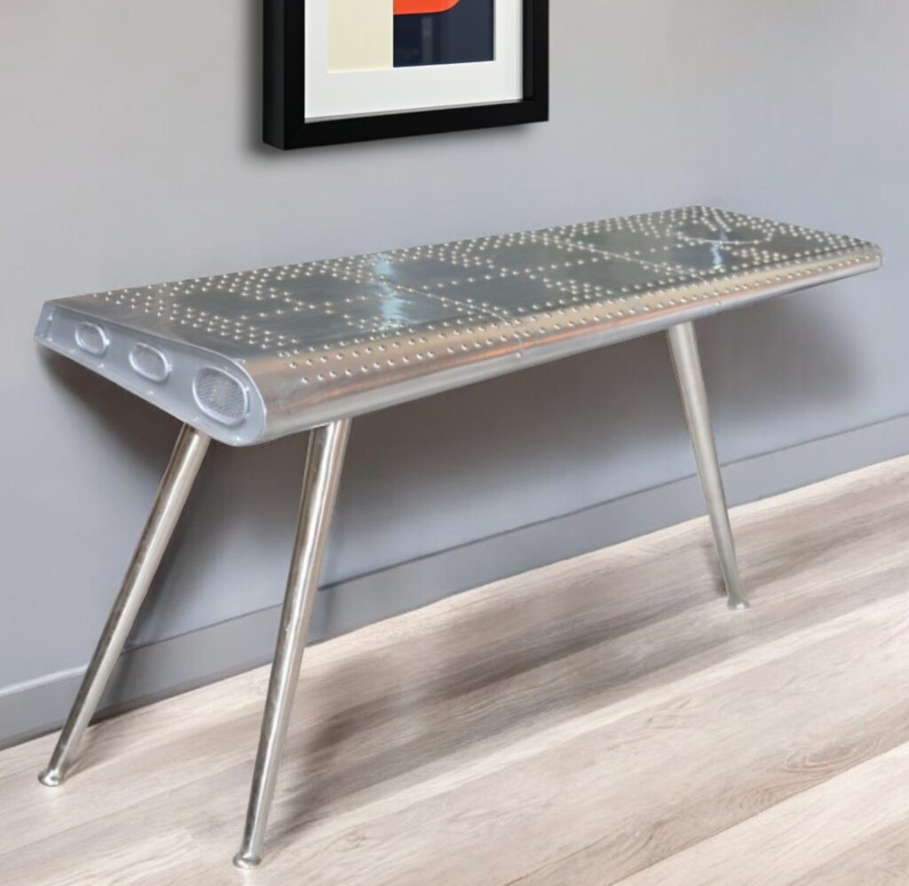 56" Silver Aluminum Three Leg Console Table