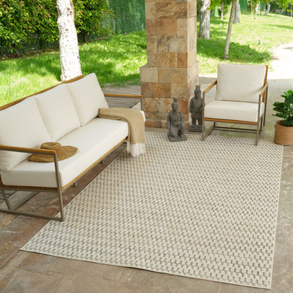 8' X 10' Cream and Beige Geometric Distressed Indoor Outdoor Area Rug