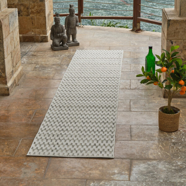 10' Cream and Beige Geometric Distressed Indoor Outdoor Runner Rug