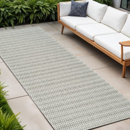10' Cream and Beige Geometric Distressed Indoor Outdoor Runner Rug