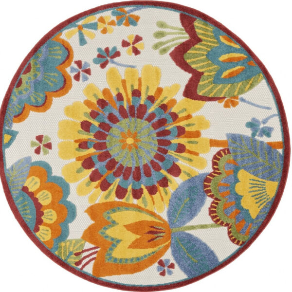 5' Round Yellow And Ivory Round Floral Indoor Outdoor Area Rug